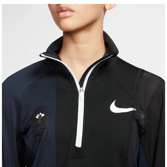 Nike x Sacai Women's Half Zip Running Jacket Black/Dark Obsidian - Picture 6 of 7